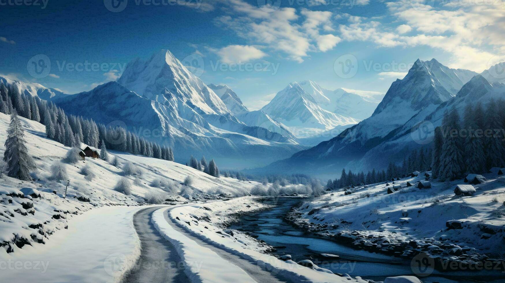 Snowy winter landscape with road trees and mountains photo