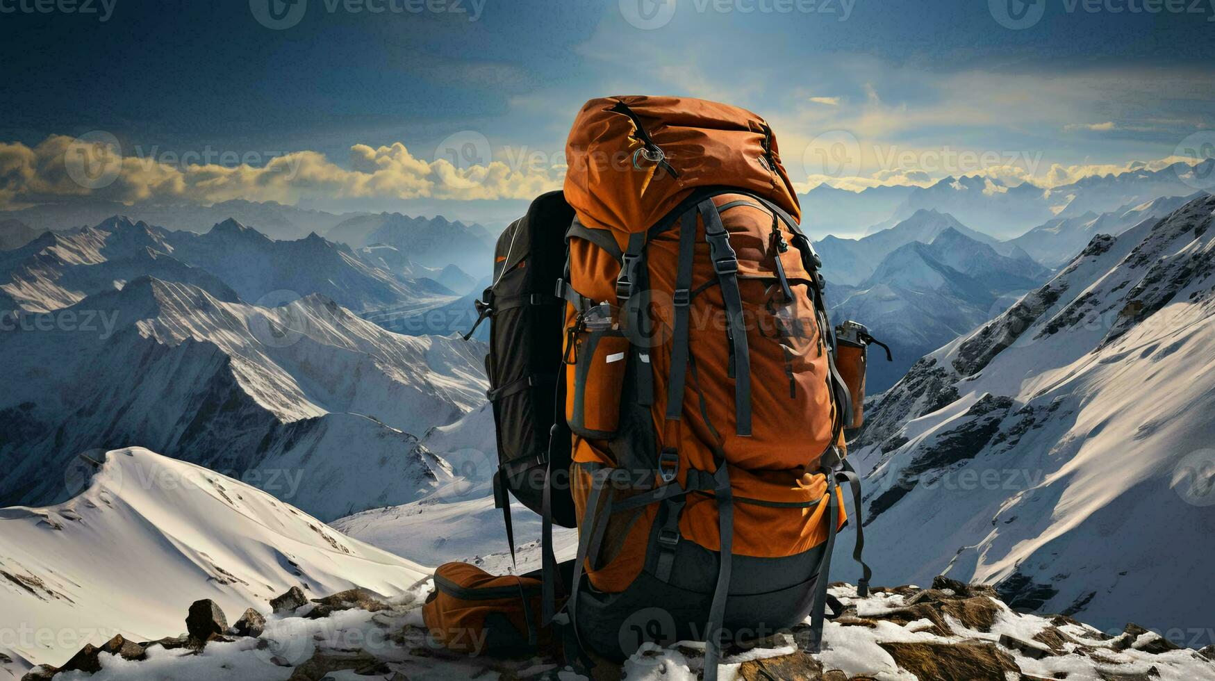 Yellow tourist backpack for traveling on the top of a snowy mountain. Travel tourism and camping concept photo