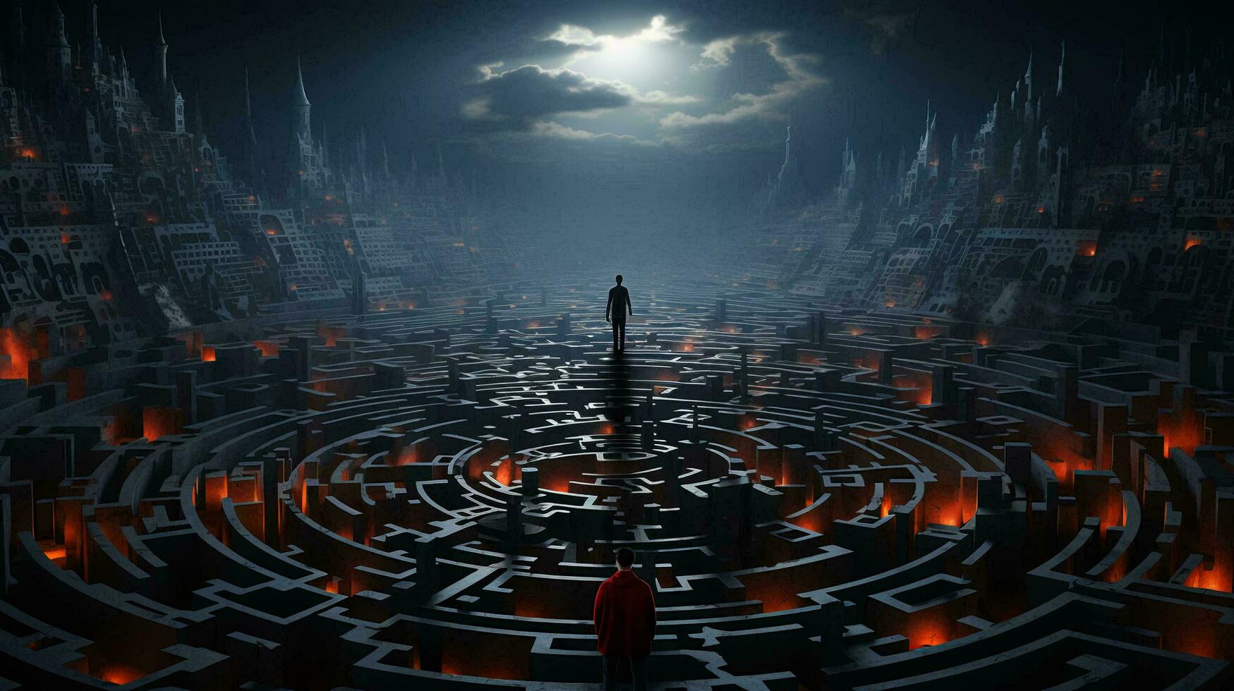 A man stands in a maze and thinks, view from the back. The concept of difficulty in making a decision photo