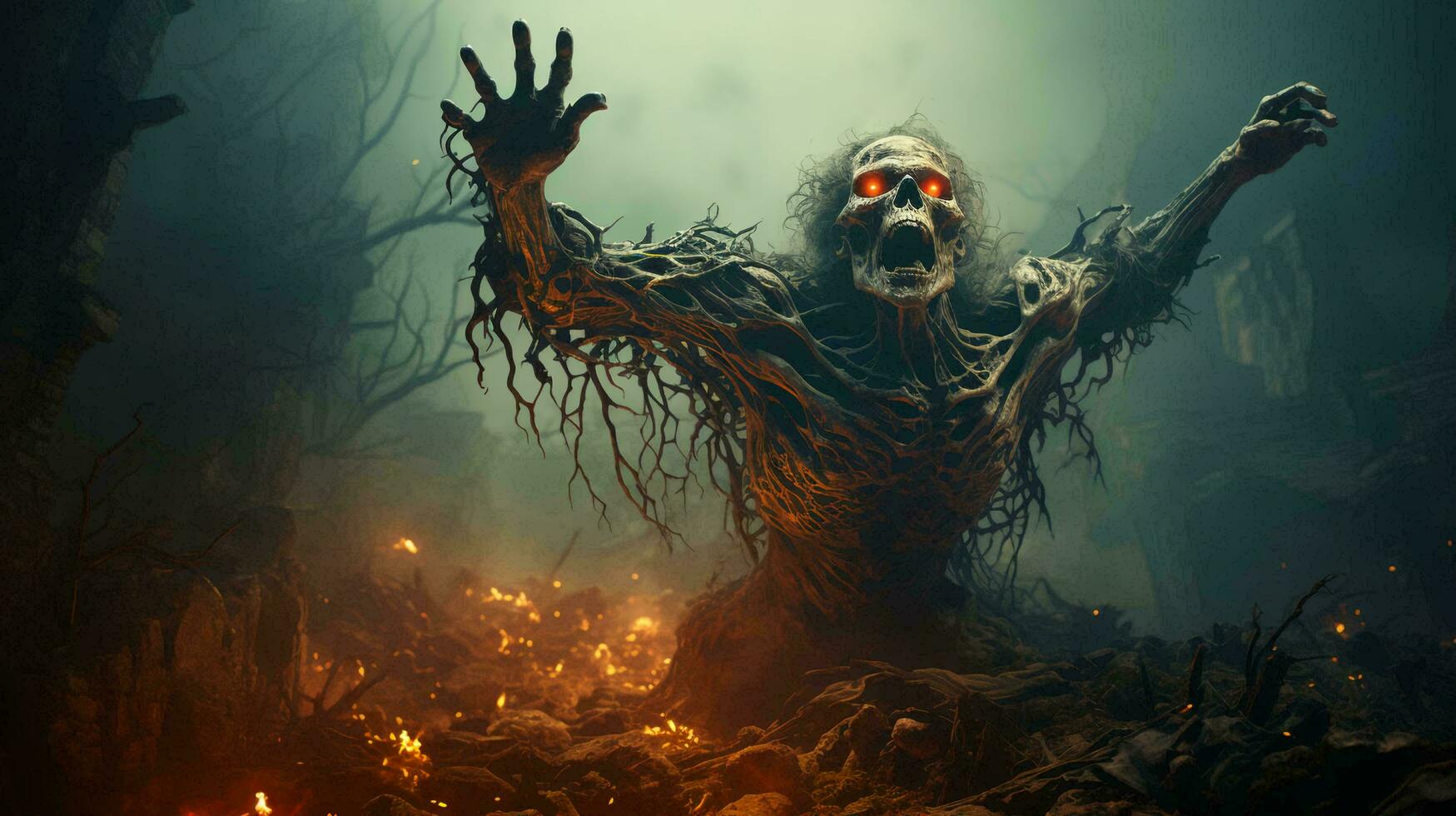 Zombies rise from the dead in a dark scary forest at night and pull their hands out of the ground for the Halloween holiday photo