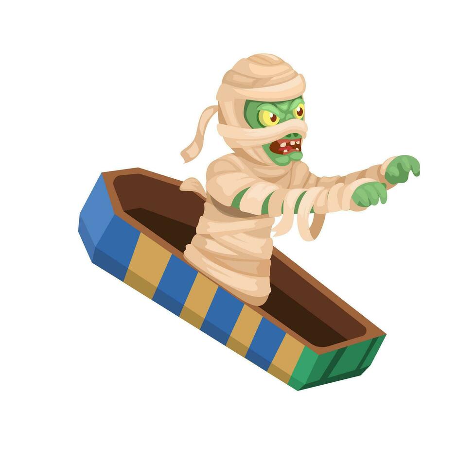 Mummy Zombie Out From Coffin Character Cartoon illustration Vector