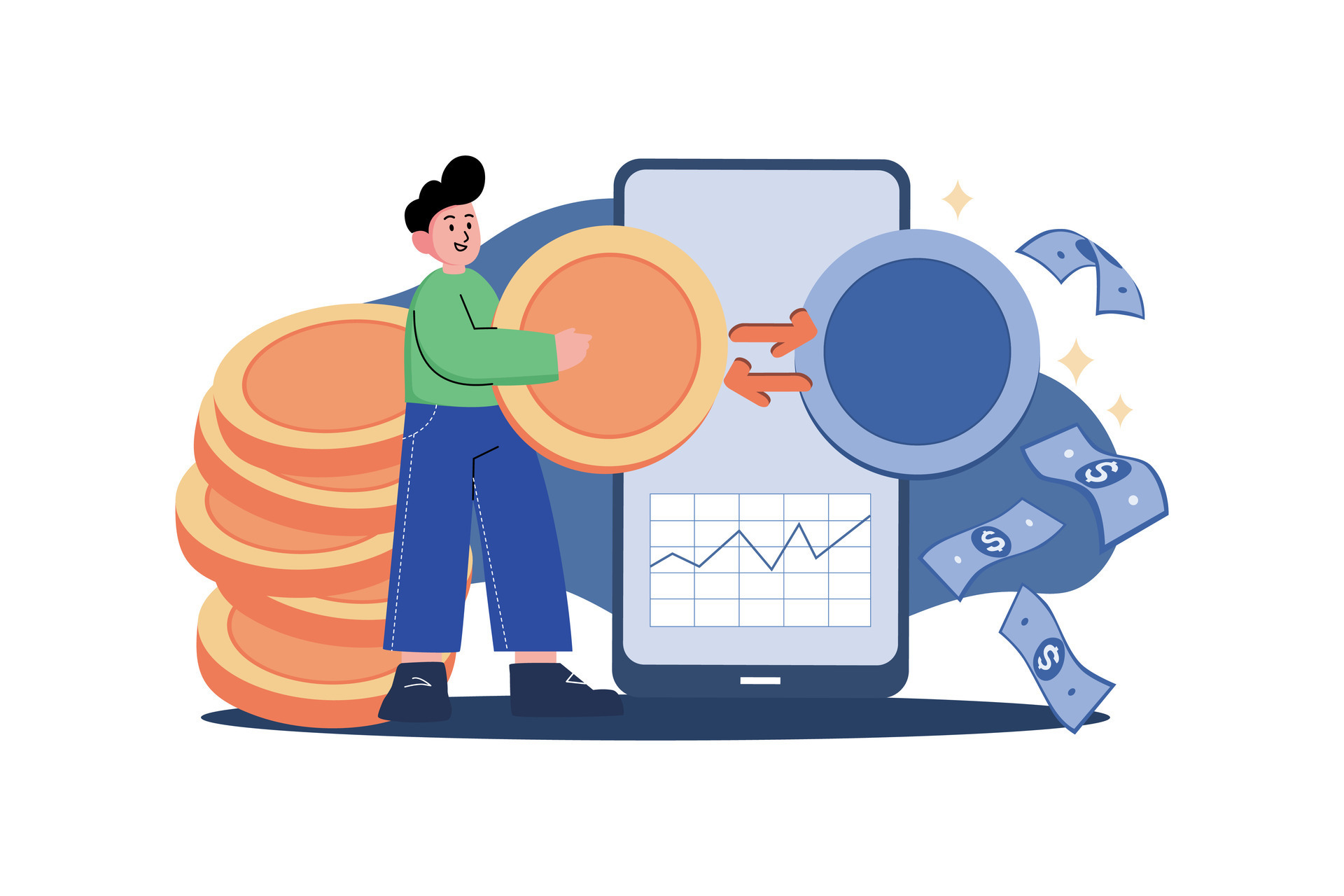 convertir bitcoin a dólar ilustración concepto en blanco antecedentes