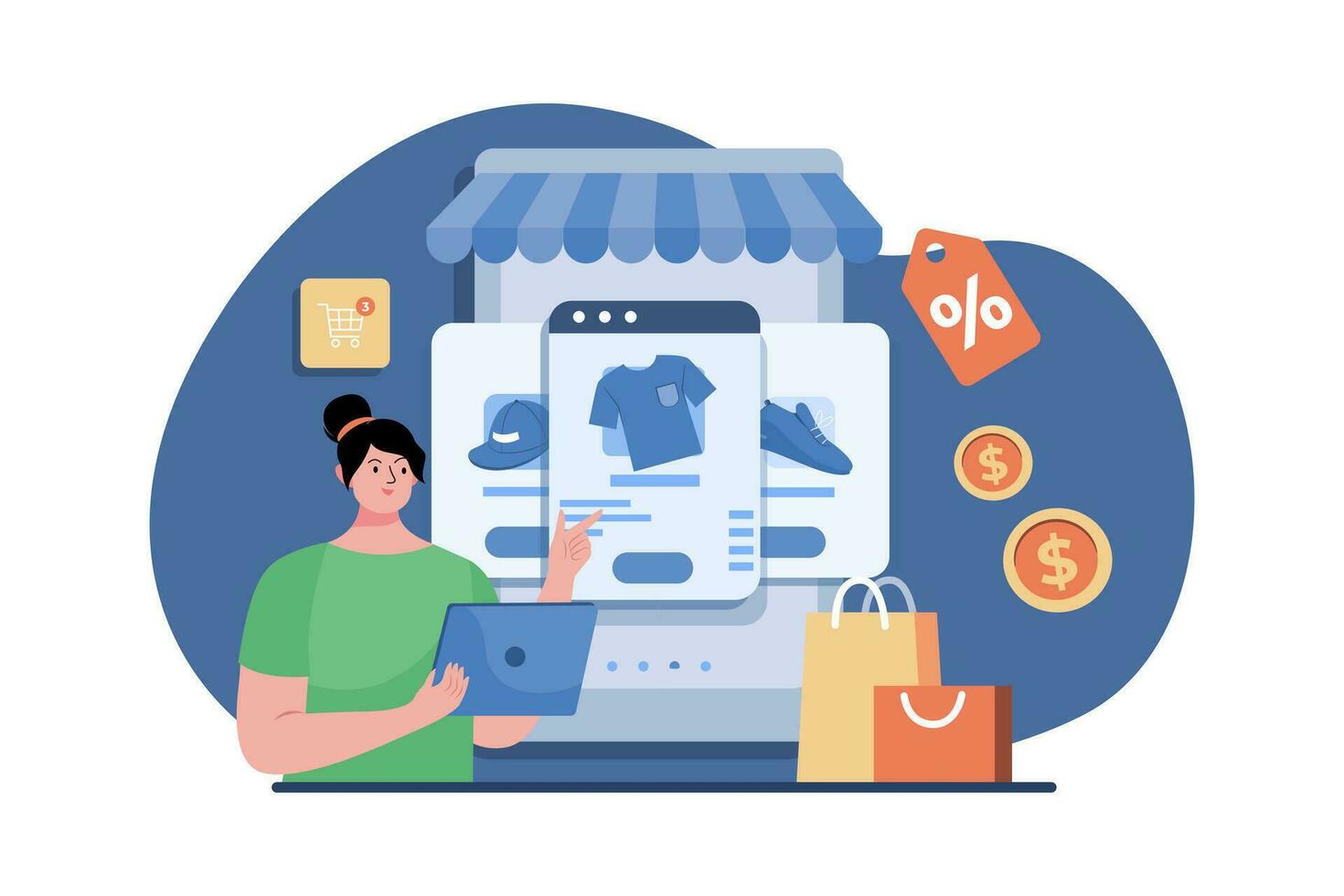 cliente con carrito de compras comprando servicio digital en línea vector