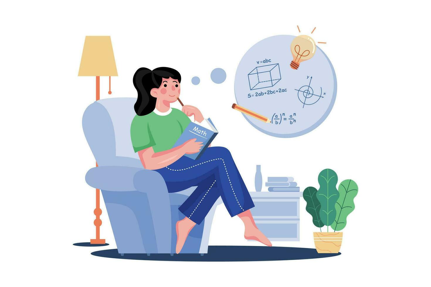A Woman Reading A Book And Thinking About Formulas vector
