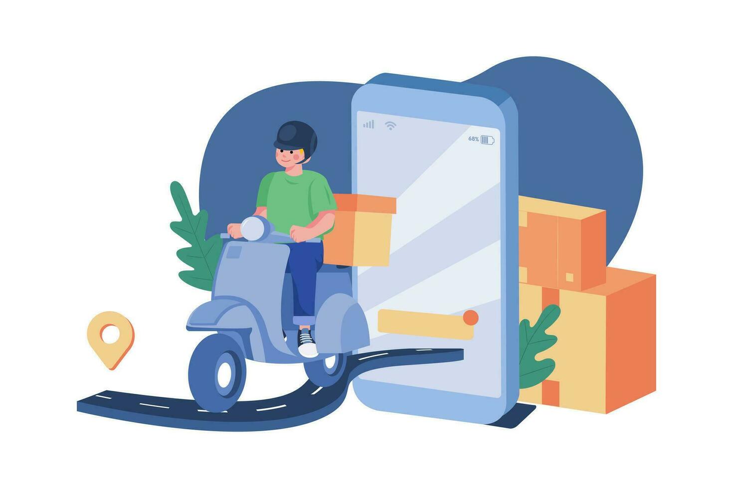 Delivery Man With Red Scooter Out Of A Mobile Phone vector