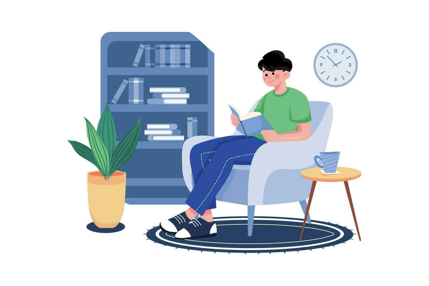 Man Reading A Book While Sitting At Home Comfortably vector