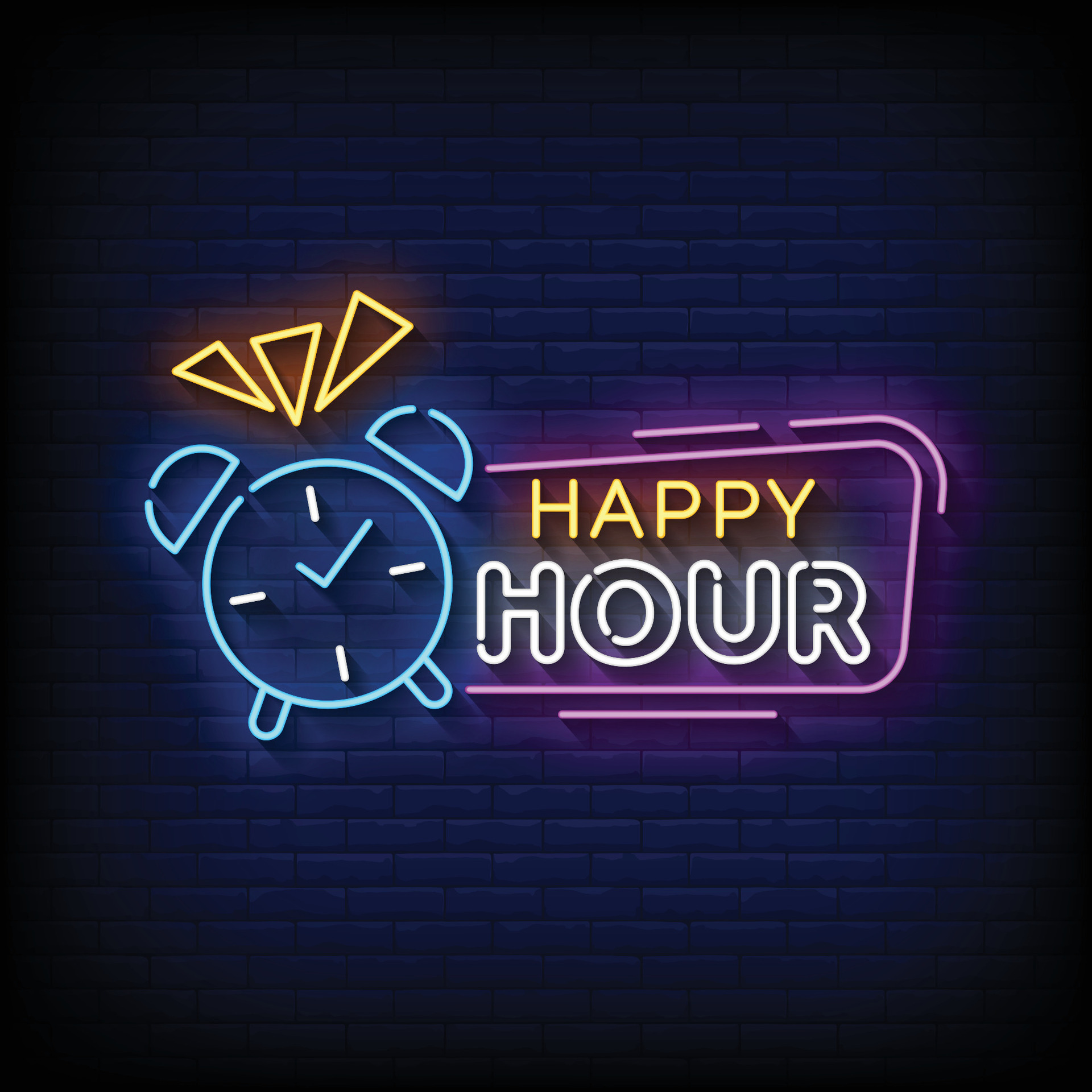 Neon Sign happy hour with brick wall background vector 29451087 Vector