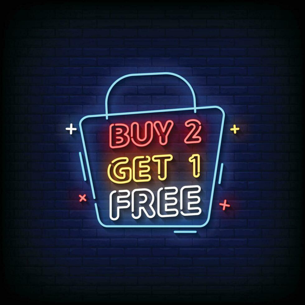 Neon Sign buy 2 get 1 free with brick wall background vector