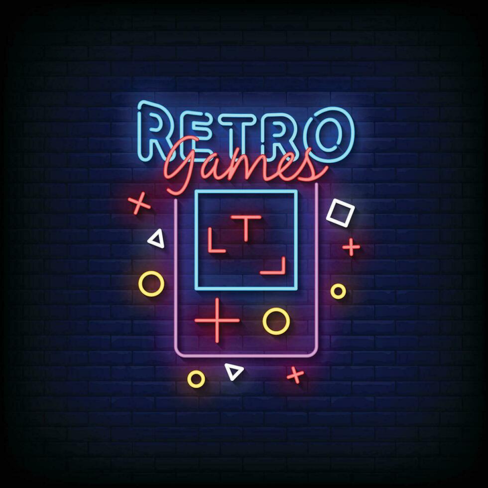 neón firmar retro juego con ladrillo pared antecedentes vector