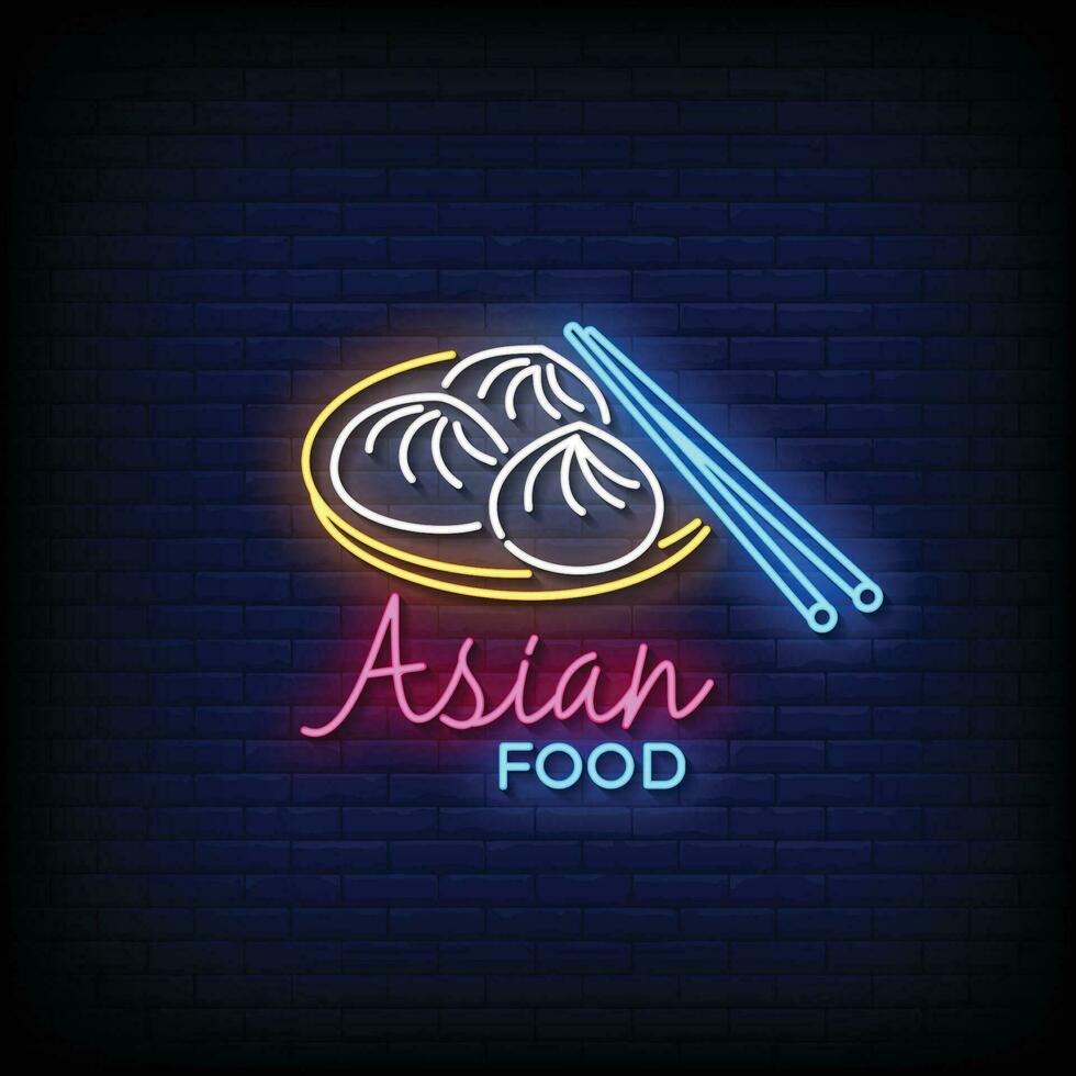 Neon Sign asian food with brick wall background vector