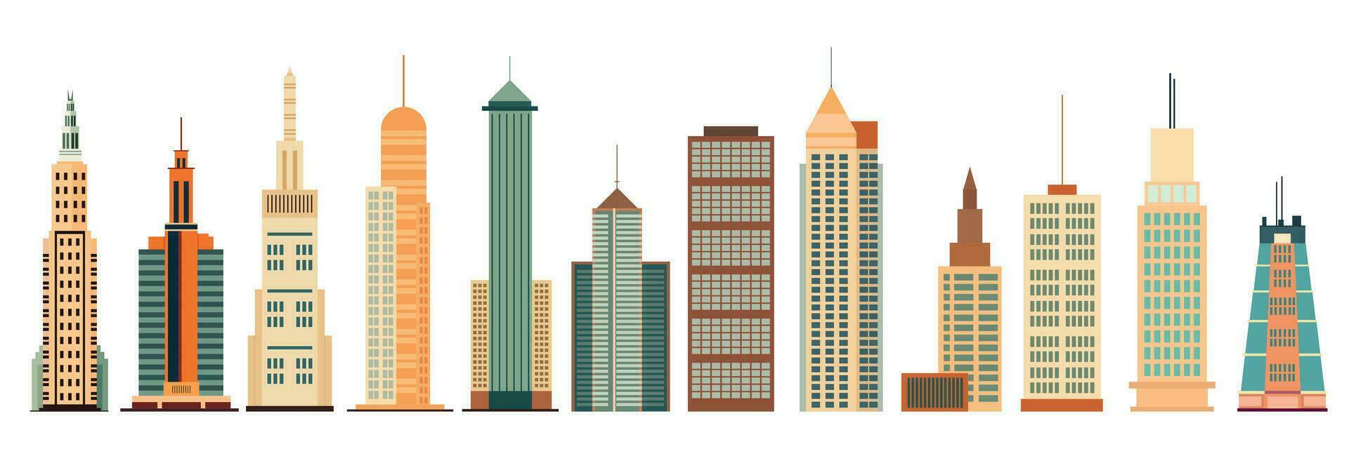 Set of skyscrapers in flat style. Skyscraper isolated on white background. Vector illustration