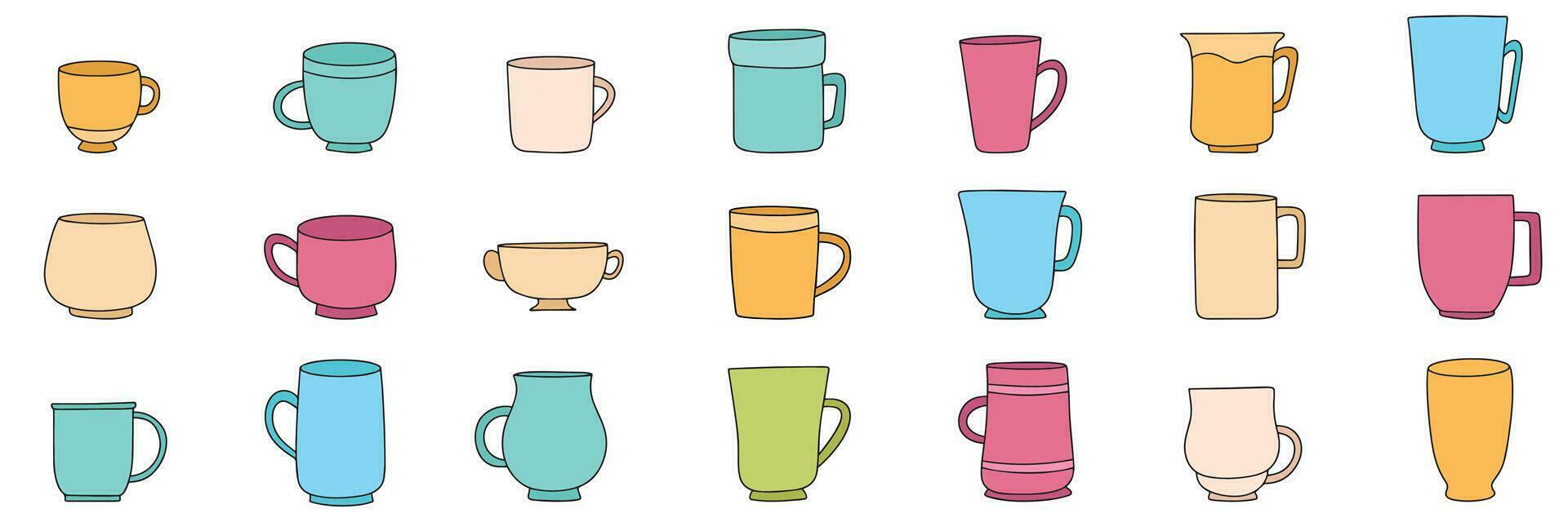 Big collection of cups and mug colored outline. Cup in doodle style isolated on white background. Hand drawn cup and mug. Vector illustration.