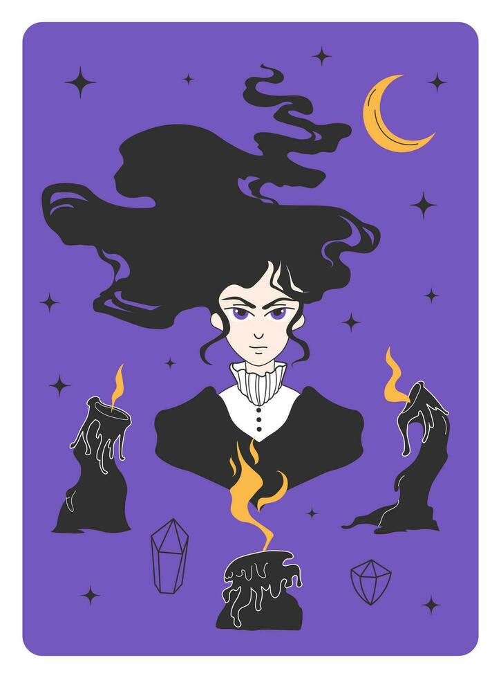 Postcard with an illustration of a Witch. Mystical design. Elements of magic, tarot cards. Halloween Party Theme. Vector illustration.