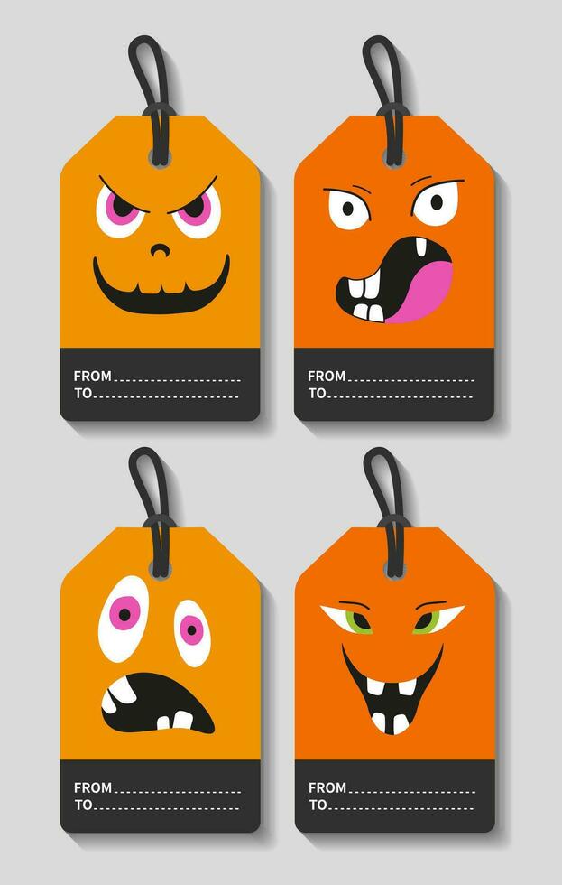 Set of Halloween Gift Tags. Emotions, cartoon faces, funny monsters. Template for Greeting cards, Congratulations, Invitations, Stickers. Vector illustration.