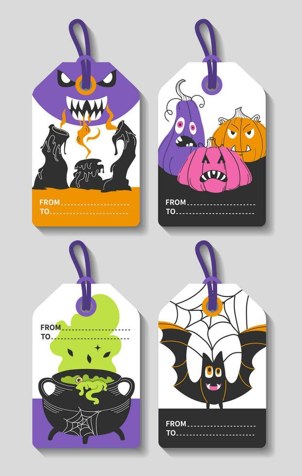 Set of Halloween Gift Tags. Vector Illustration. Flat Holiday Symbols. Printable greeting cards illustration. Bright design for Halloween in traditional colors.
