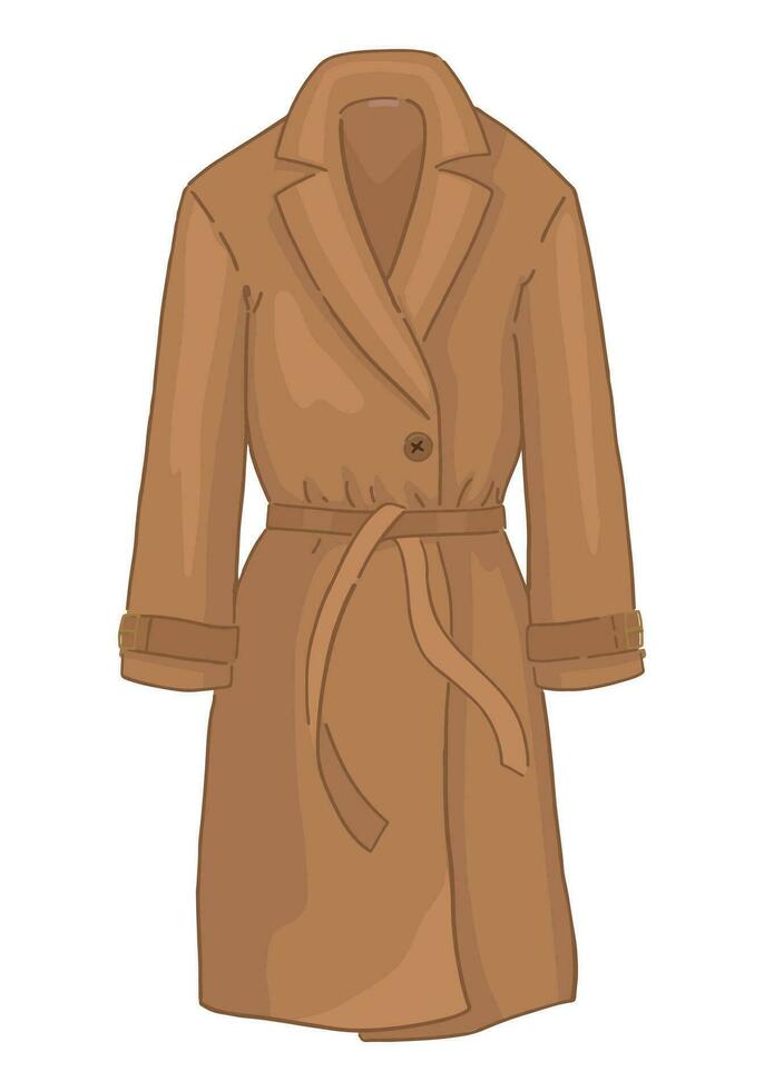 Doodle of trench coat. Cartoon clipart of autumn outerwear. Contemporary vector illustration isolated on white background.