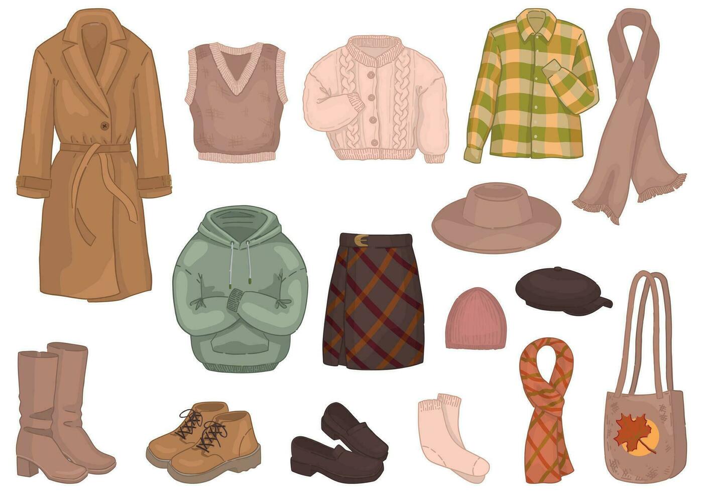 clipart conjunto de otoño ropa. garabatos de vestir, zapatos, sombreros, accesorios. dibujos animados vector ilustraciones colección aislado en blanco antecedentes.