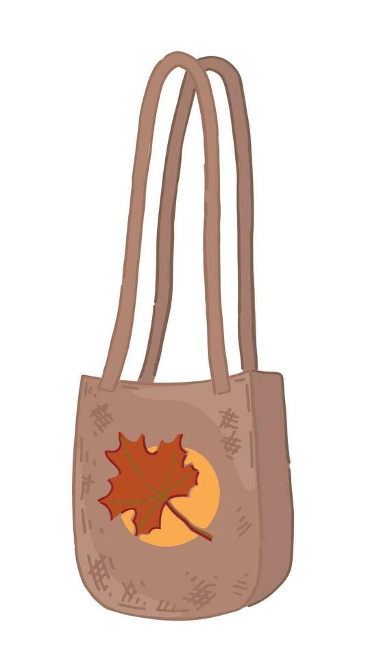 Doodle of tote eco bag with autumn print. Cartoon clipart of handle bag shopper. Vector illustration isolated on white background.