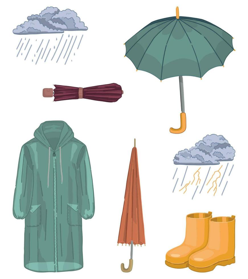 Set of rainy weather attributes. Doodles of raincoat, rubber boots, umbrellas, thunder clouds. Cartoon vector illustrations collection isolated on white background.