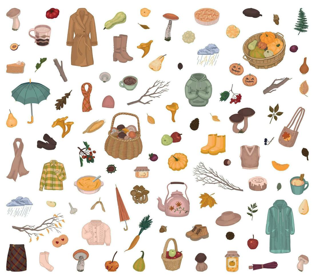 Autumn time clipart collection. Doodles set of fall harvest, mushrooms, fallen leaves, plants, accessories, cloth, foods. Cartoon vector illustrations isolated on white.