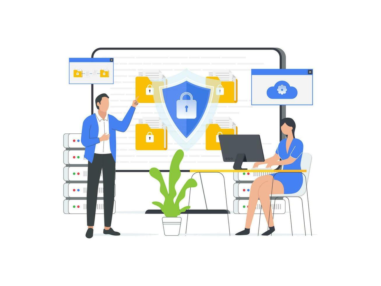 Illustration of data security. A shield on a computer desktop or laptop protects sensitive data, ensuring internet security. Vector design with character illustration.