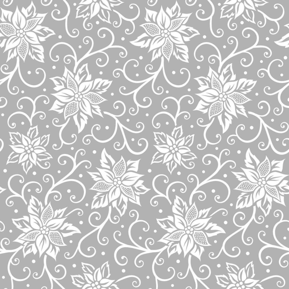 Seamless Christmas White Poinsettia With Swirls And Dots On Gray Background vector