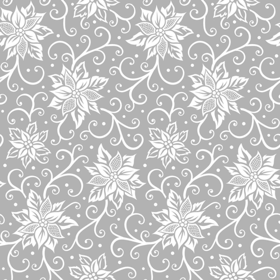 Seamless Christmas White Poinsettia With Swirls And Dots On Gray Background vector