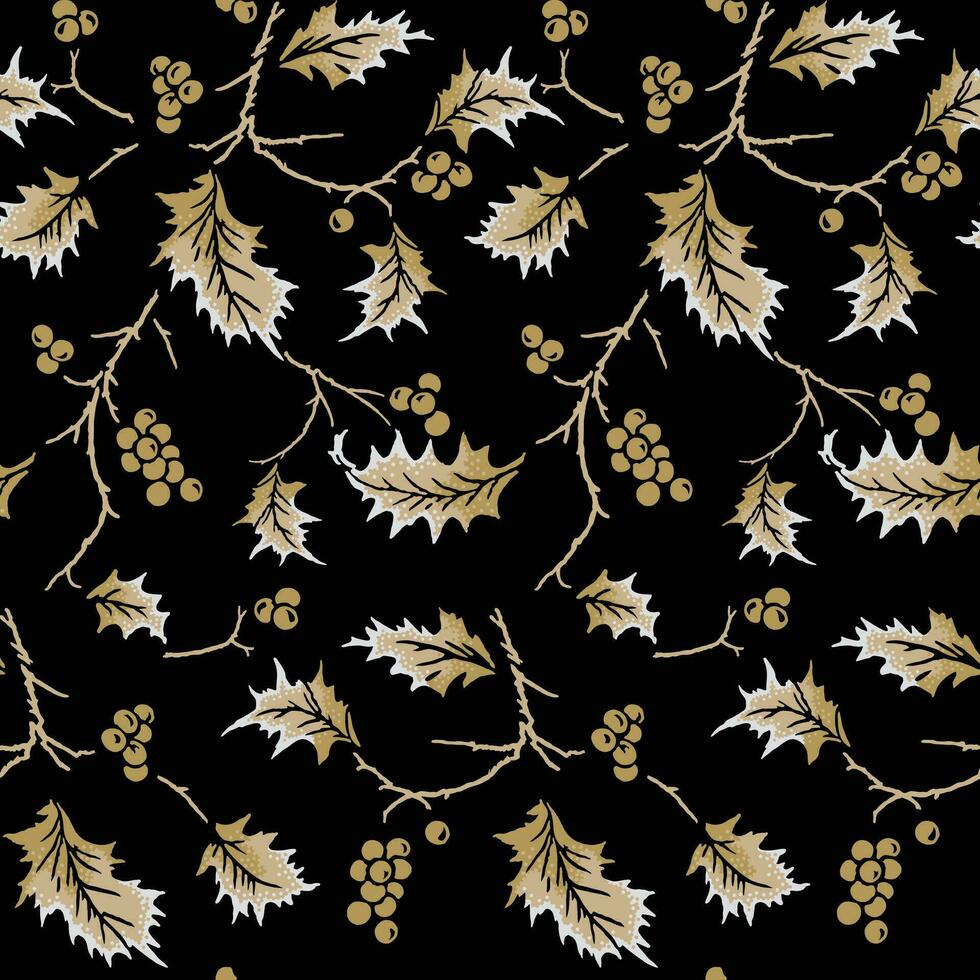 Seamless Gold Holly Leave On Black Background vector