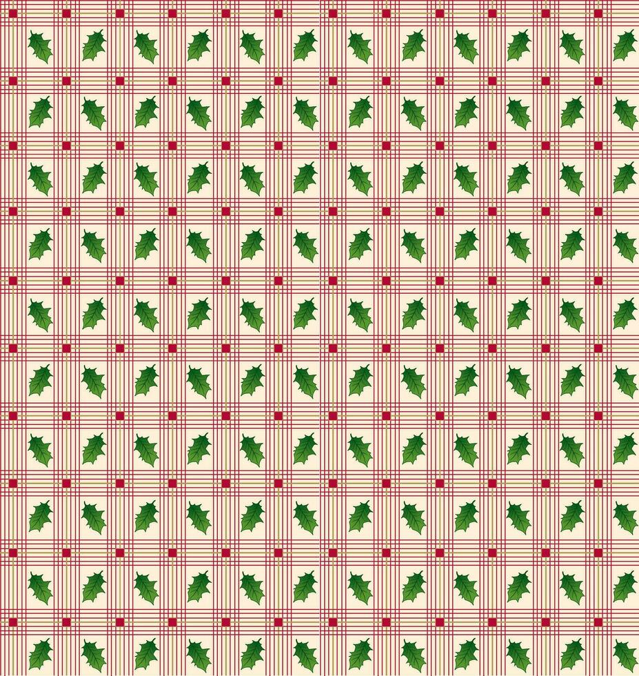 Seamless Holly Leaves With Red Plaid Pattern On Beige Background vector
