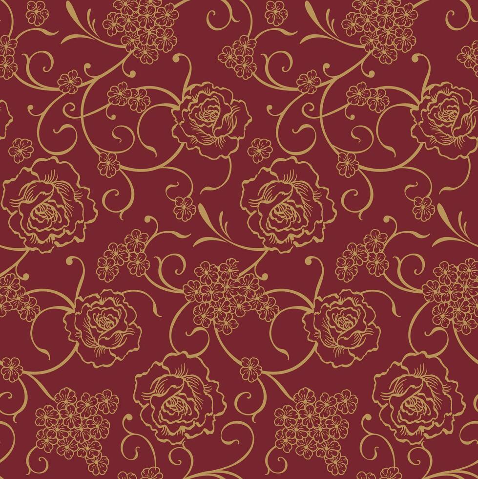 Seamless Gold Roses With Swirls On Burgundy Background vector