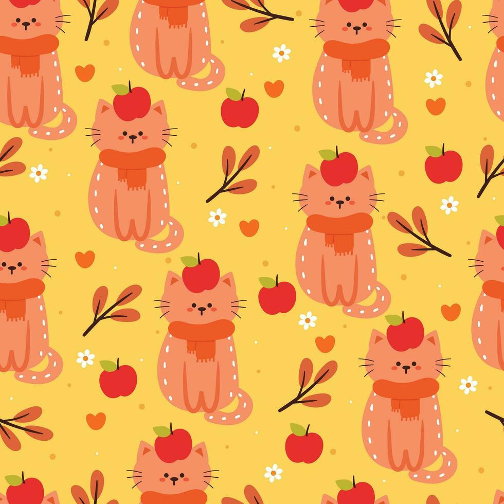 seamless pattern cartoon cat, flower, leaves and autumn vibes element. cute autumn wallpaper for holiday. design for fabric, flat design, gift wrap paper vector