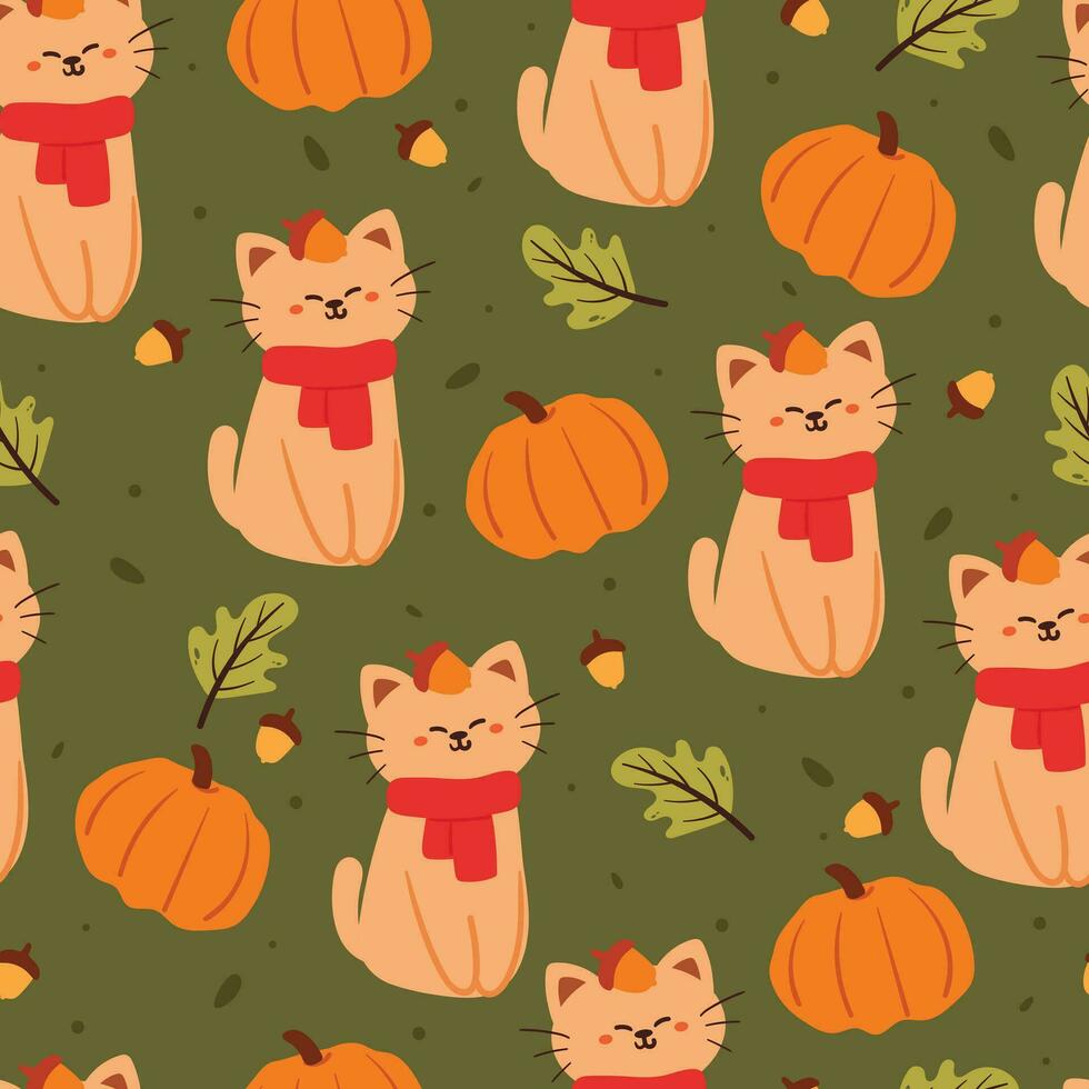 seamless pattern cartoon cat, flower, leaves and autumn vibes element. cute autumn wallpaper for holiday. design for fabric, flat design, gift wrap paper vector