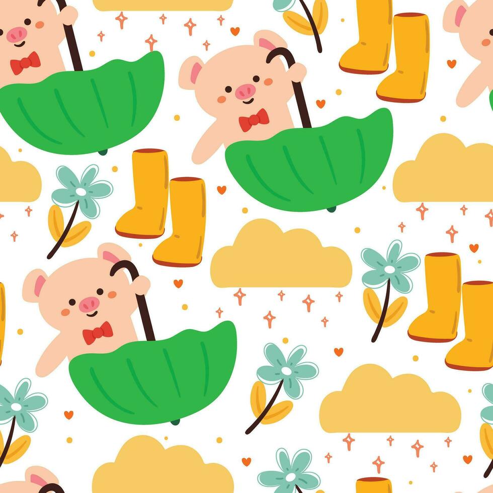 seamless pattern cartoon pig playing with umbrella. cute animal wallpaper for textile, gift wrap paper vector