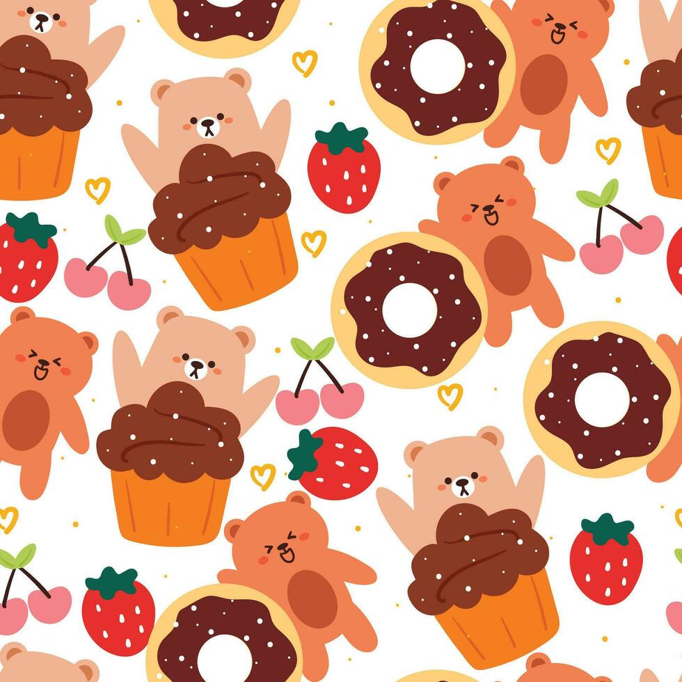 linda sin costura modelo dibujos animados oso con linda postre. animal fondo de pantalla para niños, textil, tela imprimir, regalo envolver papel vector