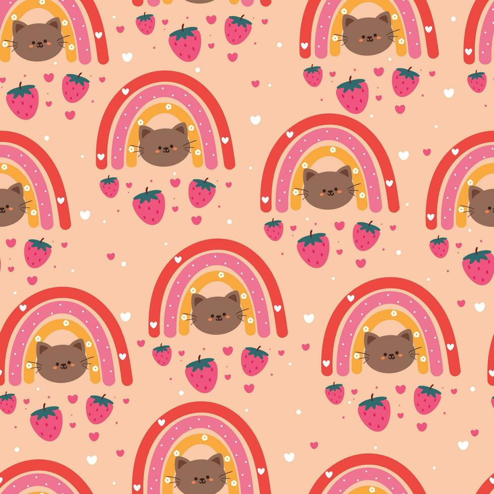 cute cat and boho rainbow with strawberry seamless pattern, cute wallpaper for fabric print, gift wrap paper vector