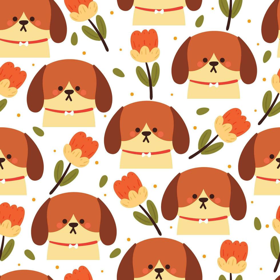 sin costura modelo dibujos animados perrito y flor con amarillo antecedentes. linda animal fondo de pantalla para textil, regalo envolver papel vector