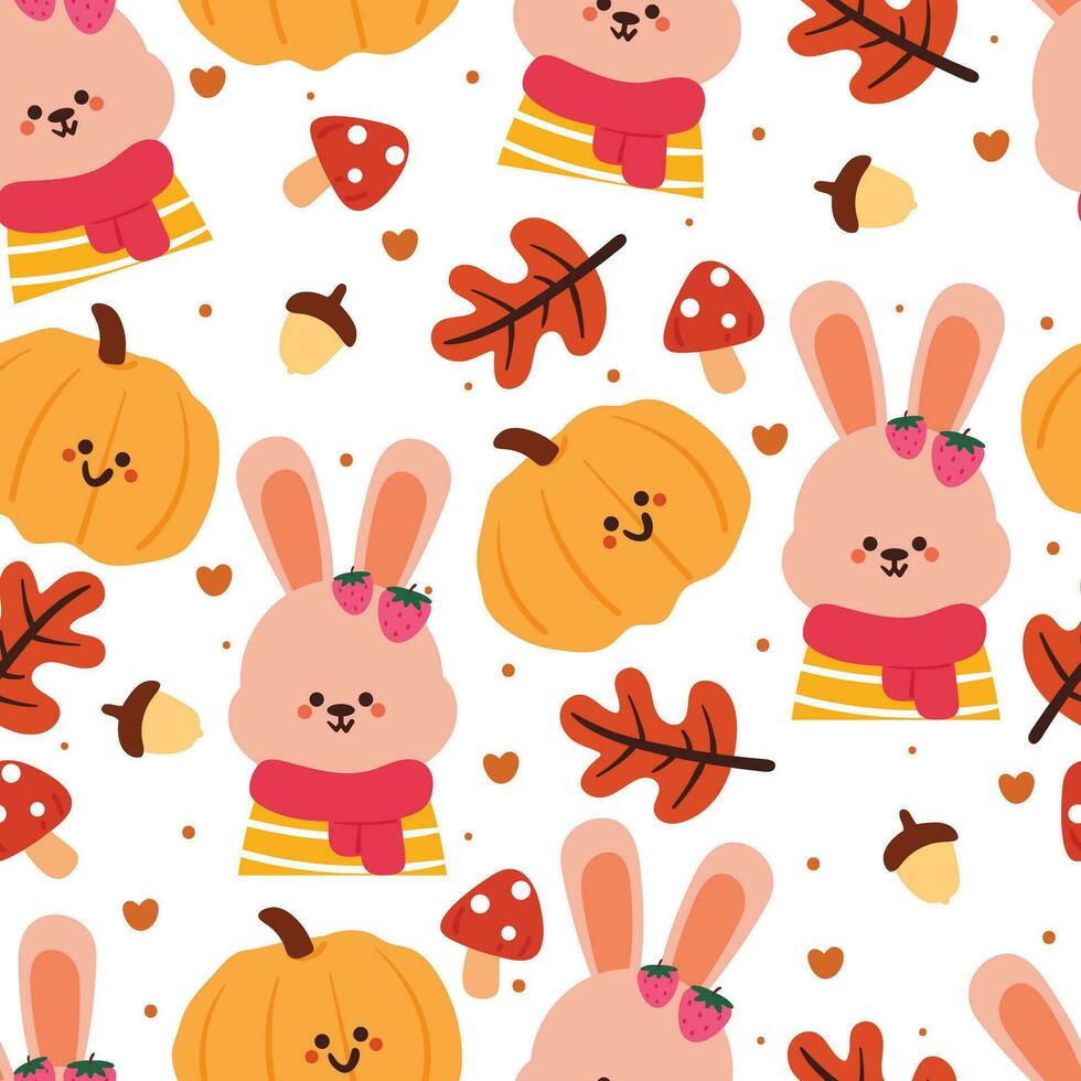 seamless pattern cartoon bunny, leaves and autumn vibes element. cute autumn wallpaper for holiday. design for fabric, flat design, gift wrap paper vector