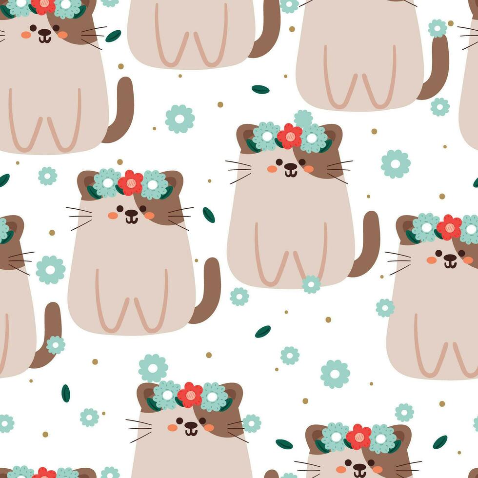 flor y gato de dibujos animados de patrones sin fisuras. lindo papel tapiz animal para textiles, papel de regalo vector