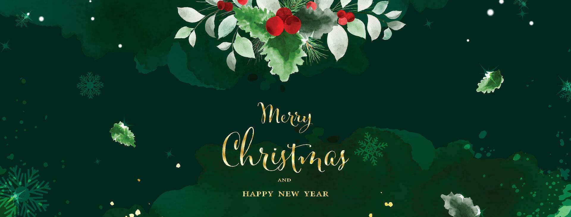 Christmas watercolor abstract art and golden text on green background vector