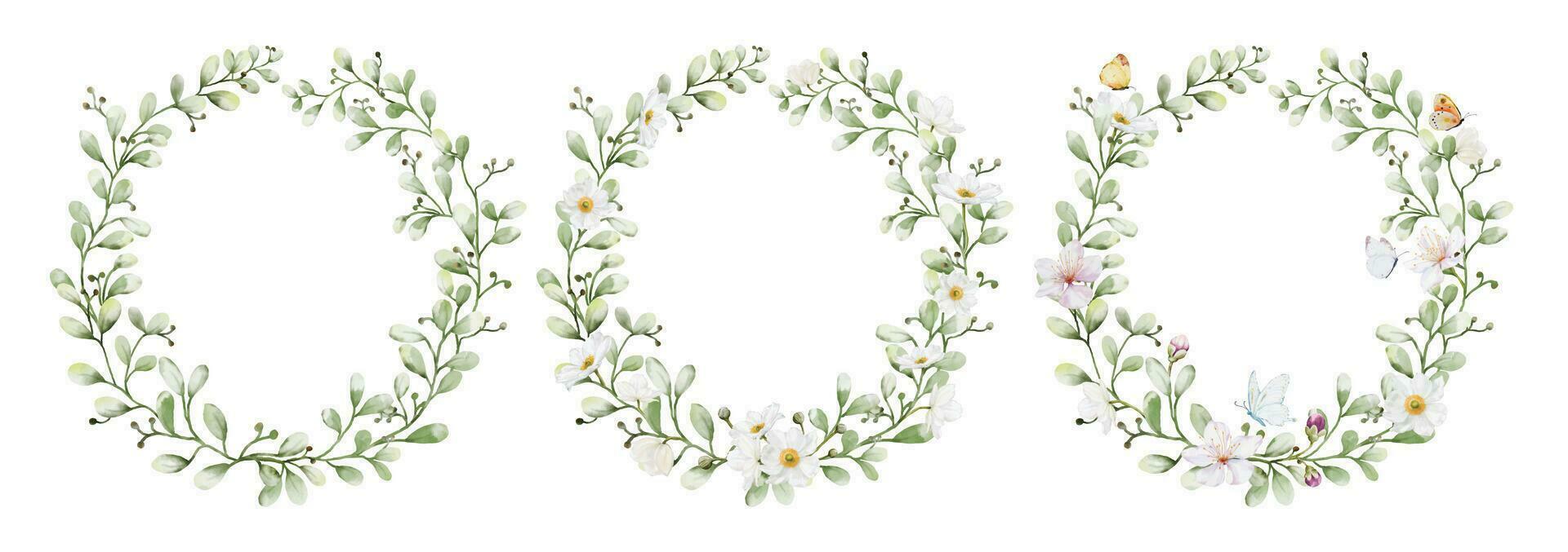 Set of watercolor wreaths with flowers leaves and butterflies vector
