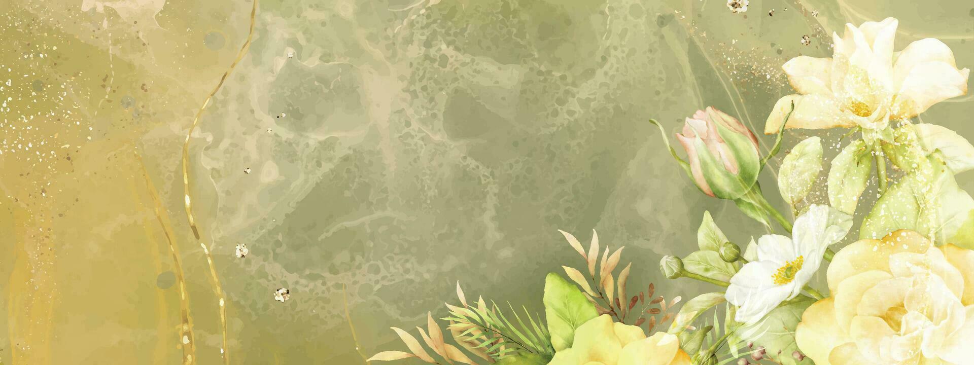 Watercolor of rose and gold glitter on alcohol ink background vector