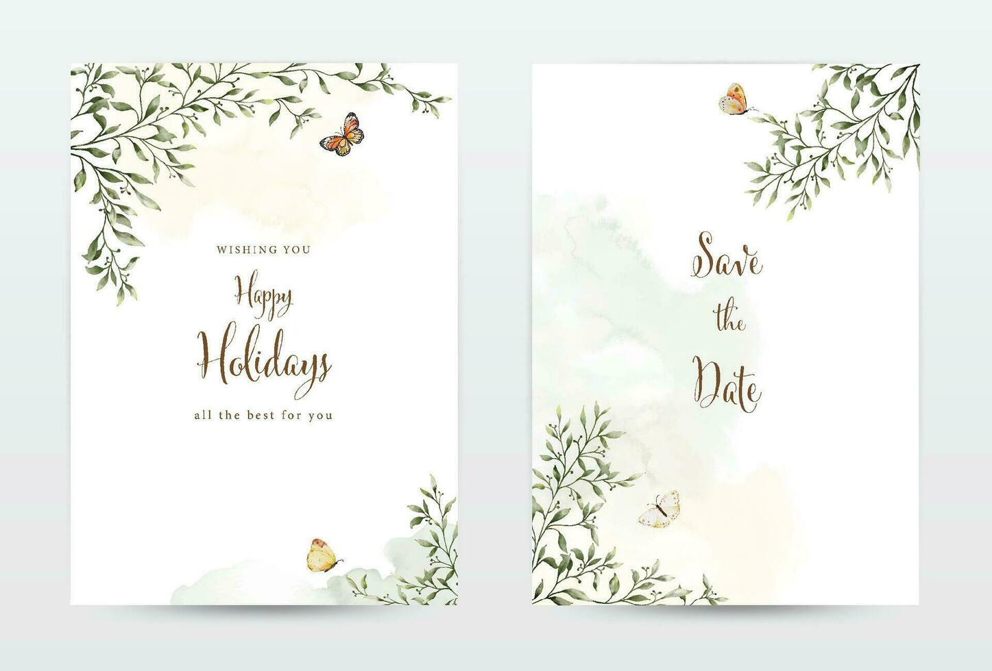 Foliage and butterflies watercolor for invitation template cards set vector