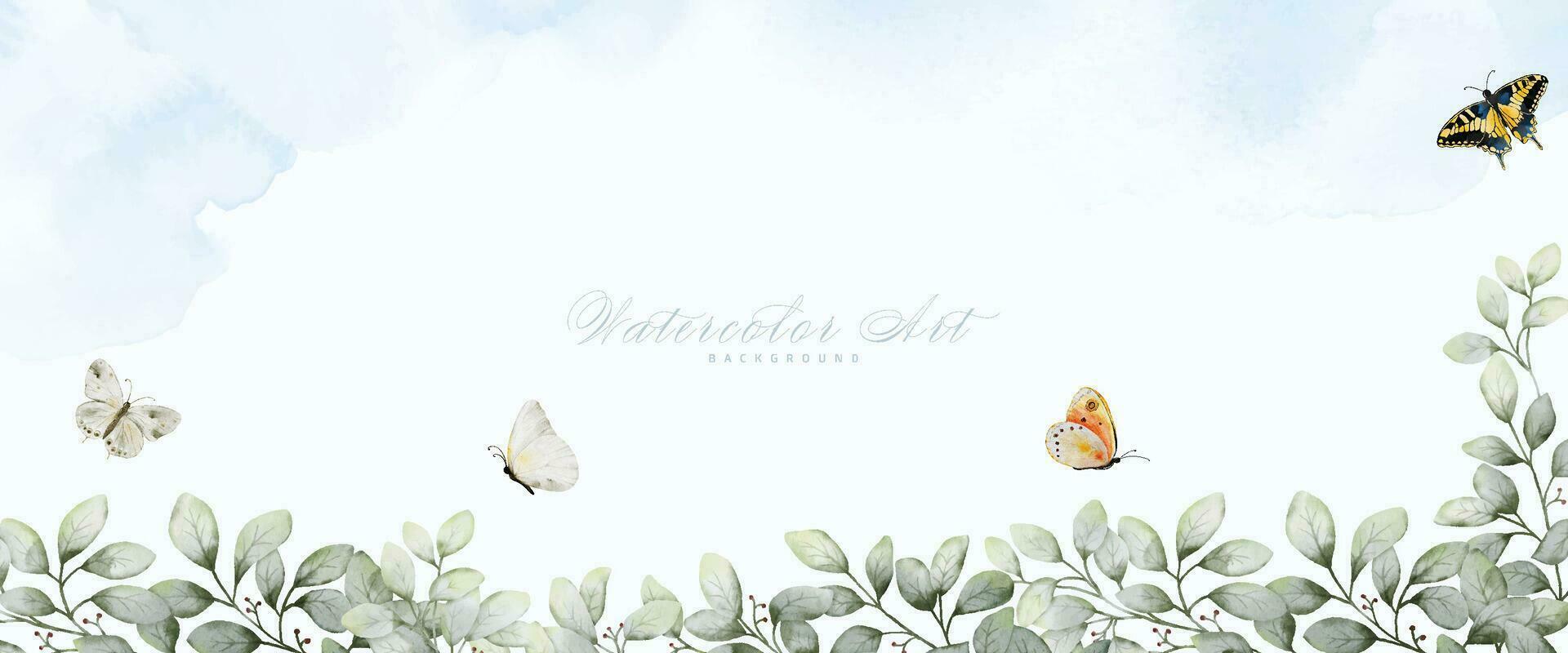 Abstract art watercolor foliage and butterflies painting background vector