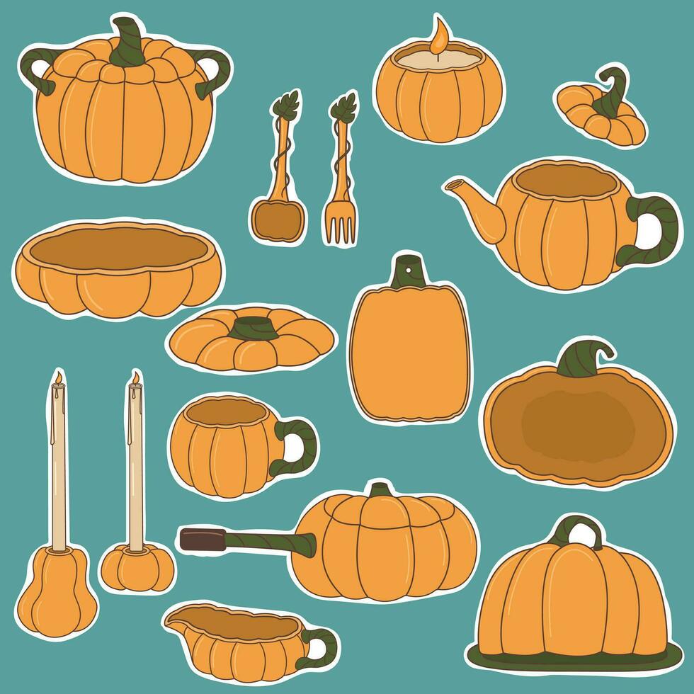 aislado pegatinas de calabaza cocina utensilios en azul antecedentes. conjunto de otoño ilustraciones vector