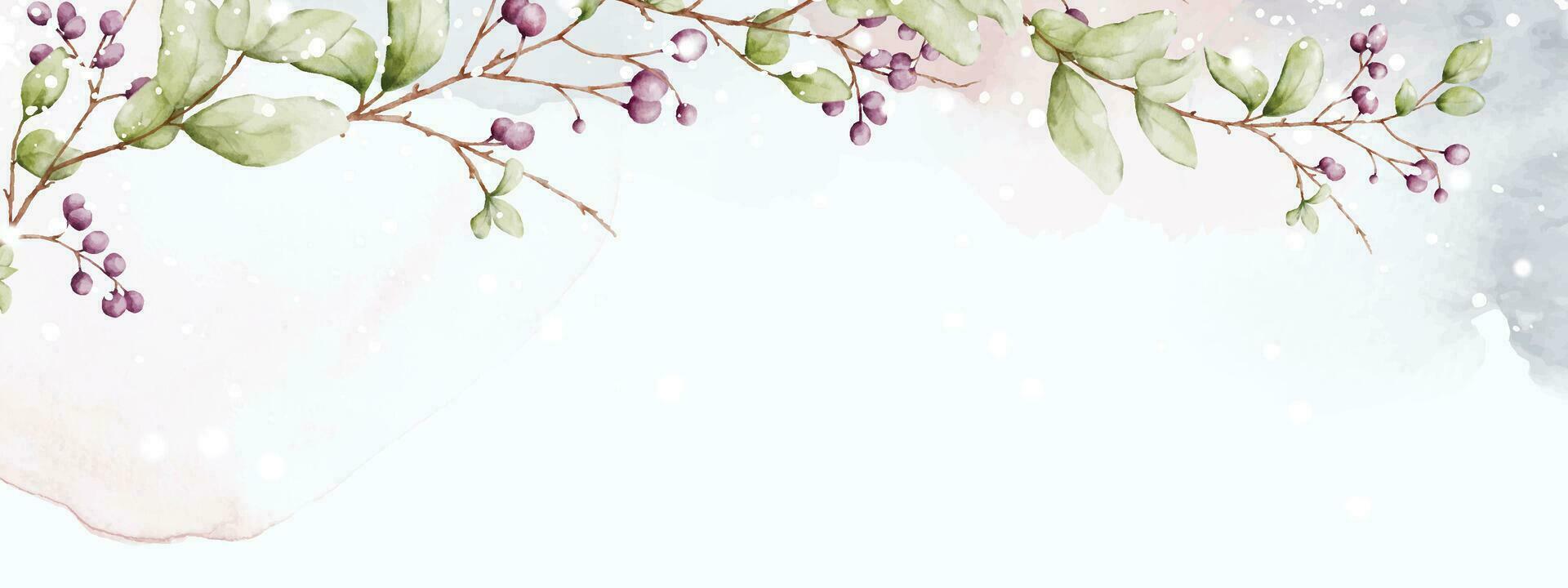 Abstract art watercolor of berries branches and snowfall on stains background vector