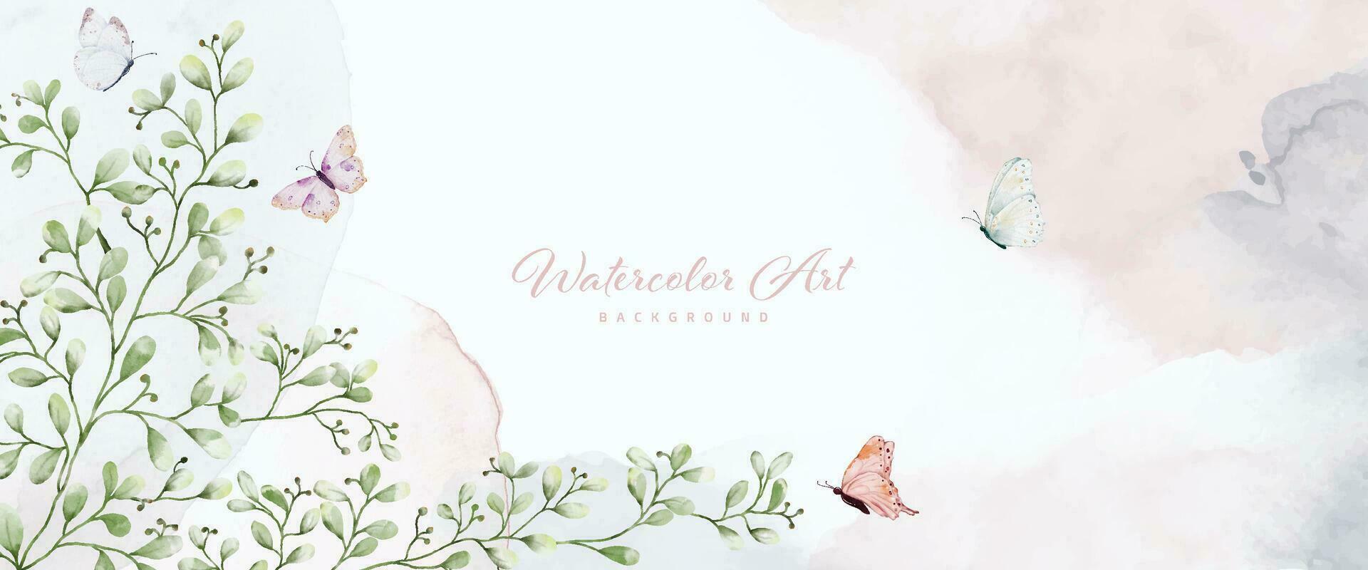 Abstract art watercolor foliage and butterflies painting background vector