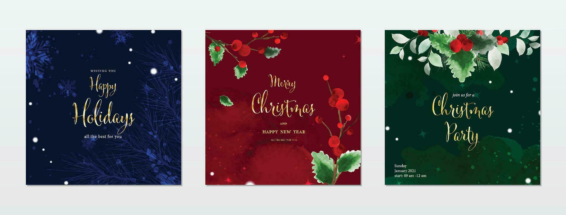 Merry Christmas and Holiday square cards watercolor collection vector