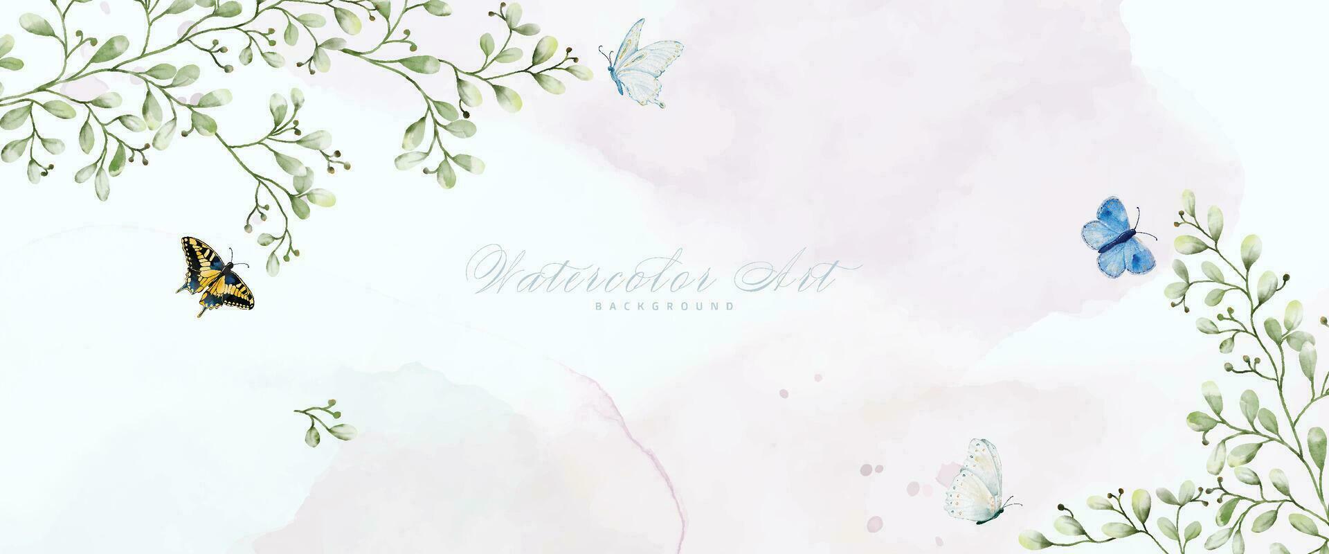 Abstract art watercolor foliage and butterflies painting background vector