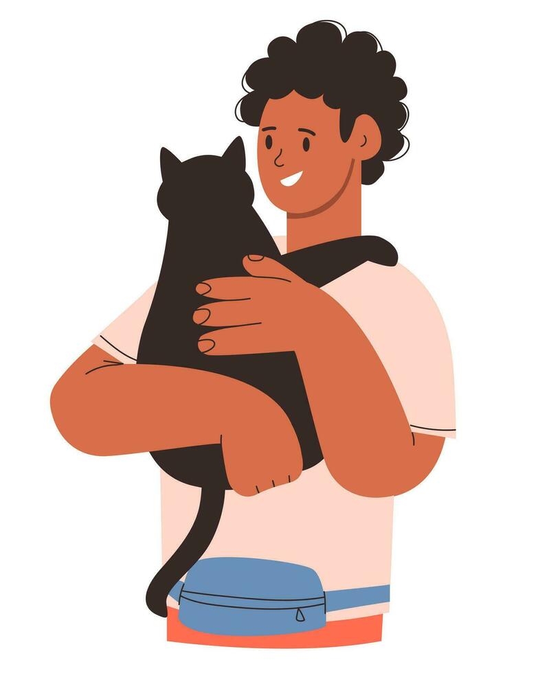 Pet owner. A man with cats in his arms. A person hugs a pet. Flat vector illustration.