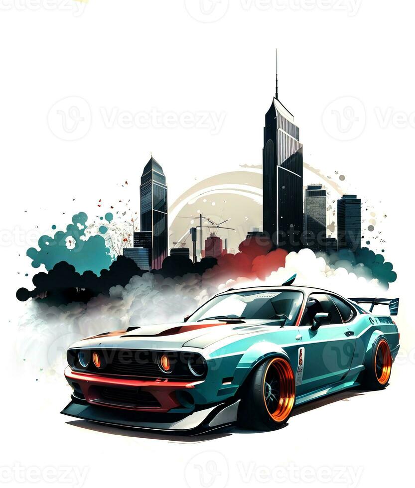 Racing car with ink style digital painting on sketch for t-shirt print. Generative Ai photo